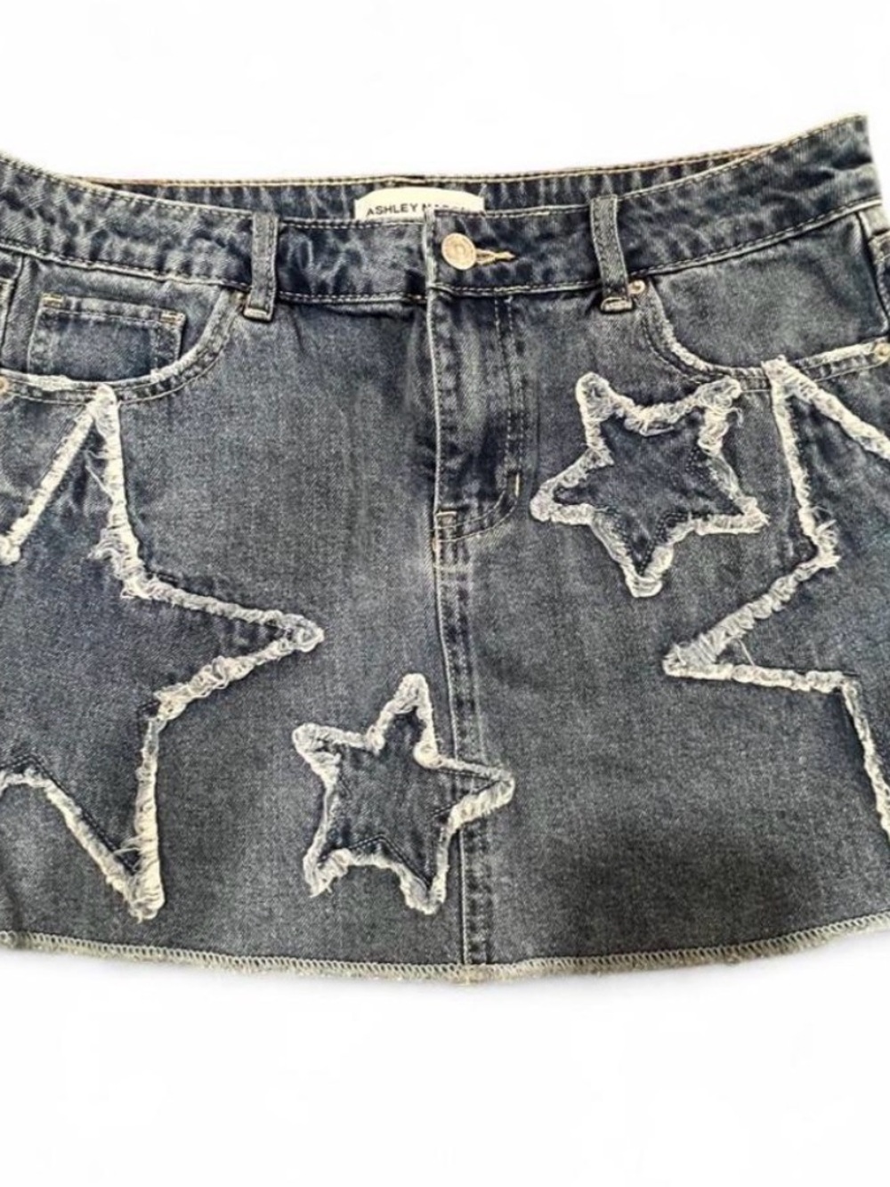 Ashley Mason Dark Blue Denim Mini Skirt with Frayed Star Appliqués